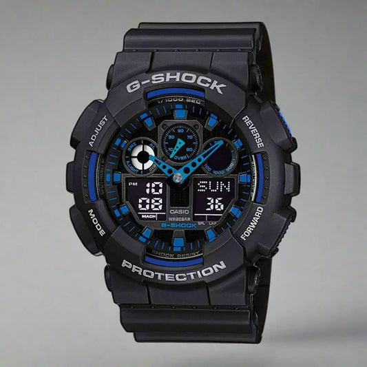Casio Watches men’s black blue G-SHOCK sports watch with world time and hourly signal