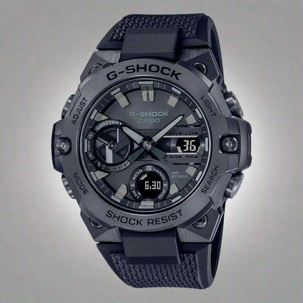 Dark grey Casio G-Shock men’s black dial multifunction watch with textured band