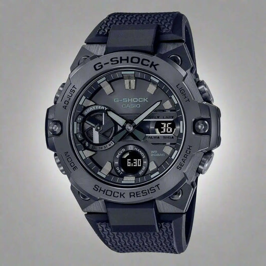 Dark grey Casio G-Shock men’s black dial multifunction watch with textured band
