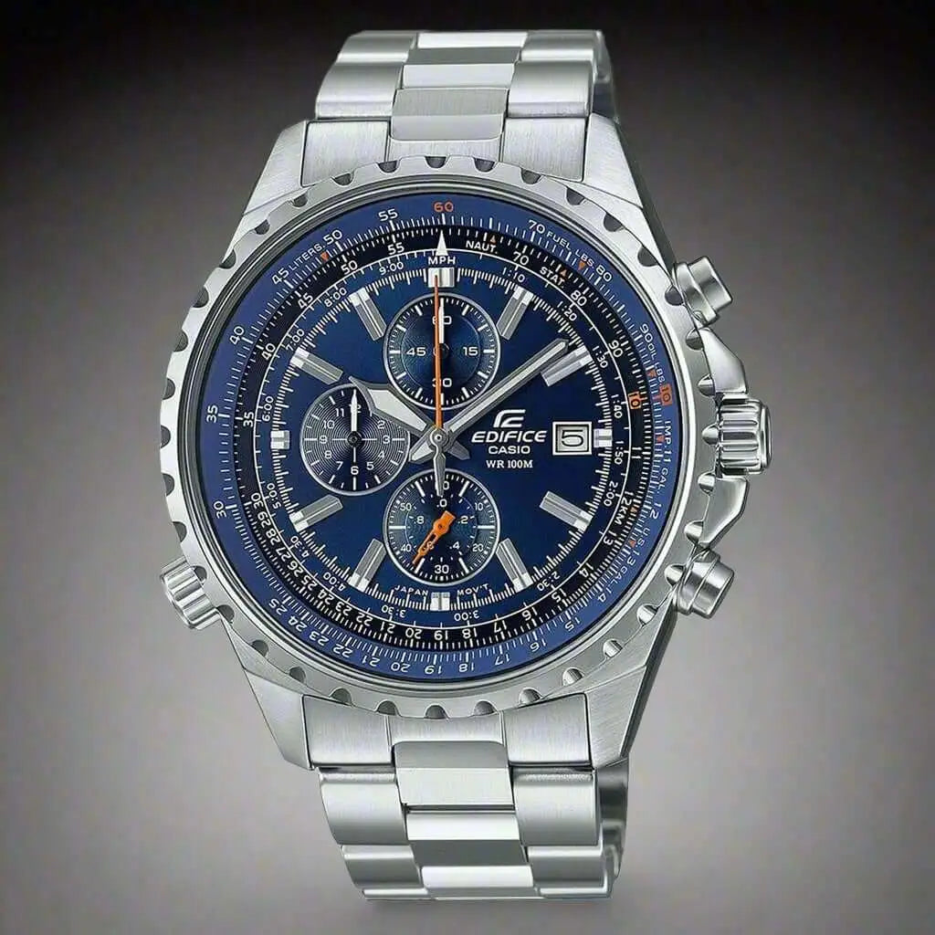 Men’s Casio Edifice stainless steel chronograph watch with blue dial and silver grey accents