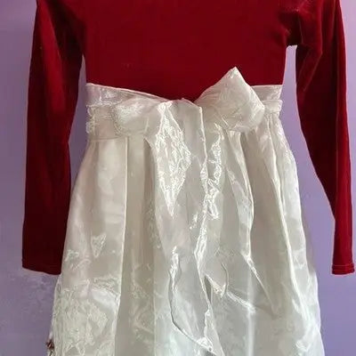 Red velvet empire waist dress with white satin skirt and organza overlay for holidays