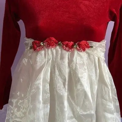 Red velvet empire waist dress with sheer floral skirt and red floral sash for holidays
