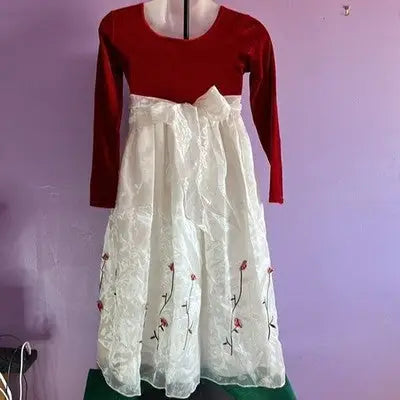 Child’s red velvet empire waist dress with white floral embroidery for special occasions
