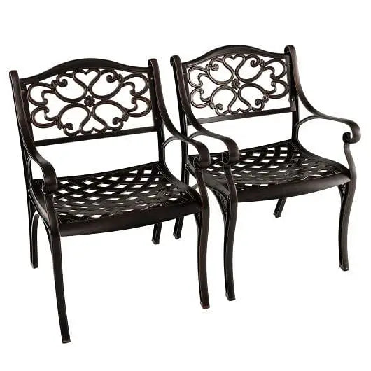 Cast Aluminum Dining Chairs Set of 2 with Patio Chairs Armrests Flower Pattern-Bronze - Color:Bronze - Dining Chairs