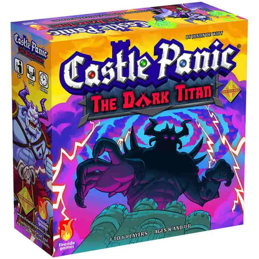 Castle Panic: The Dark Titan box art featuring a shadowy monster and purple lightning