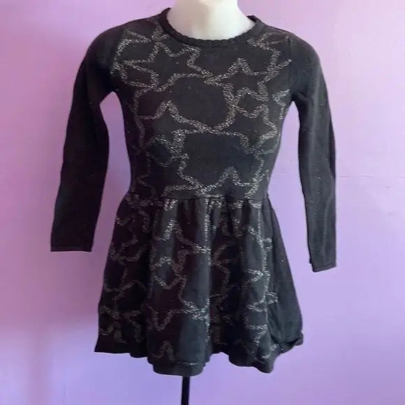 Black long-sleeved dress with silver glitter star patterns for girls by Cat & Jack