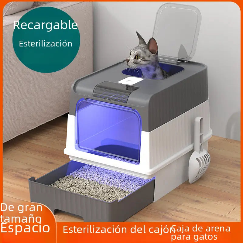 Top-entry cat litter box with drawer style design, sterilizing light, and pull-out tray