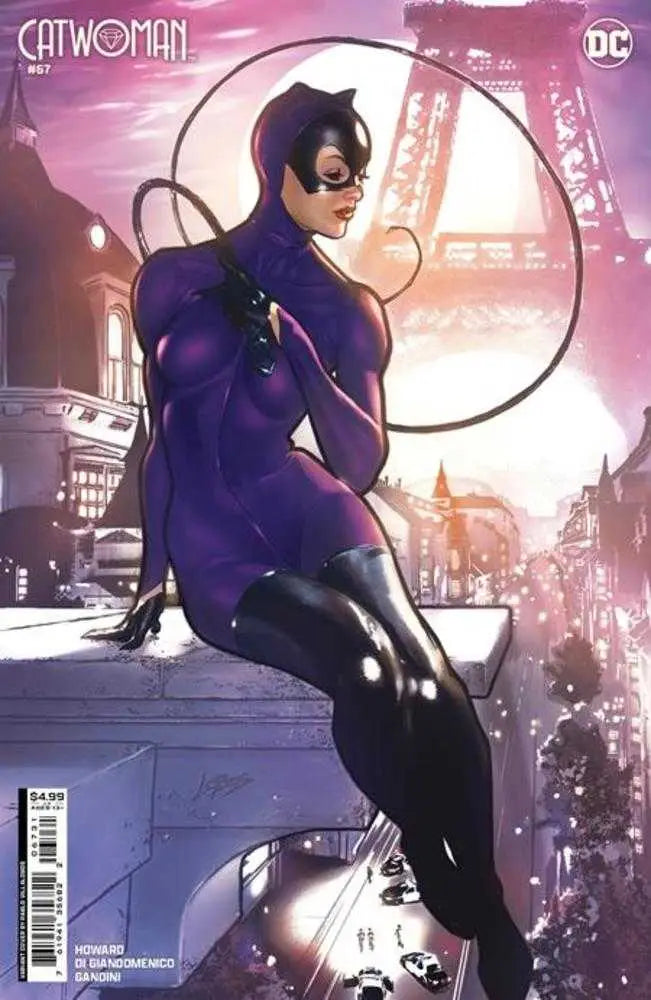 Catwoman in a sleek purple and black suit on ledge for Cover C Pablo Villalobos Card