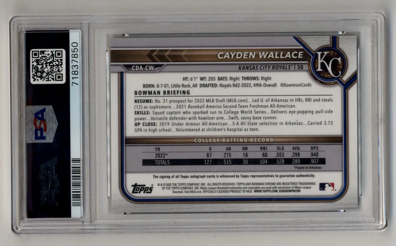 Cayden Wallace 2022 Bowman Chrome Draft Gold Wave Refractor Auto 25/50 PSA 10 Gem Mint Auto 10 - Singles