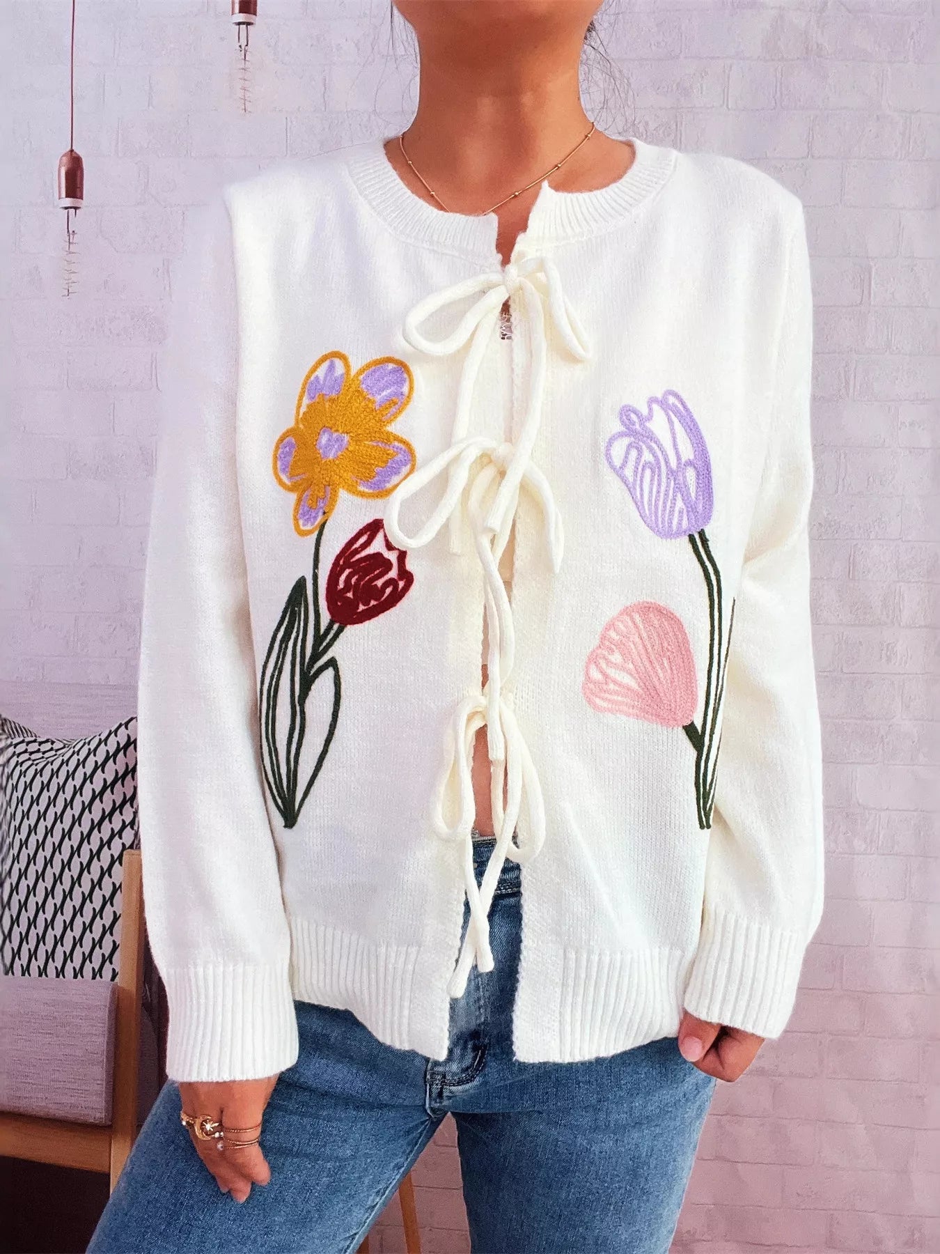 Floral Ribbed Hem Tie Front Cardigan