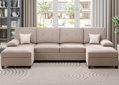 Sectional Sofa Couches for Living Room, U Shaped Sofa Living Room Furniture Sets, 4 Seat U Shaped Sofa Sectional Couch with Chaise, Dark Beige-3