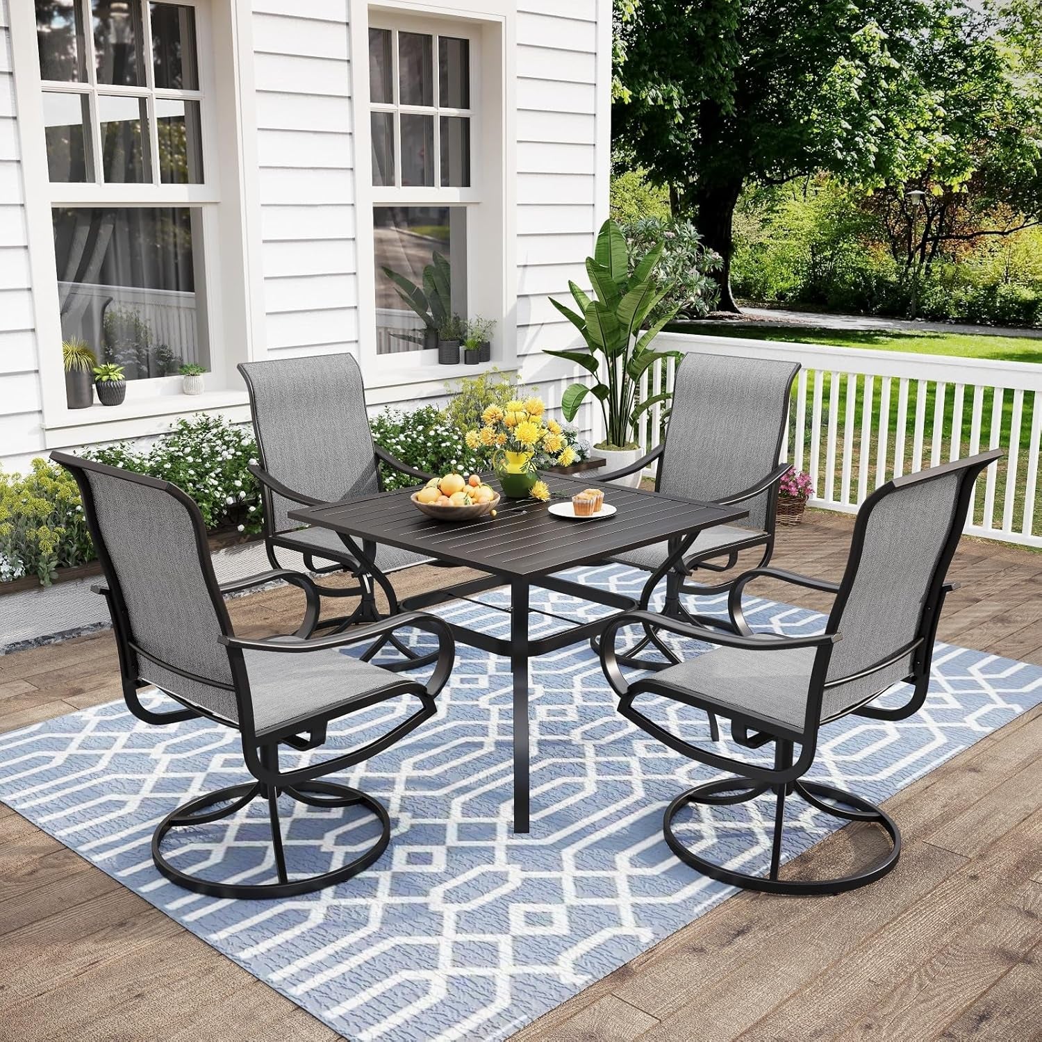 Patio Dining Set for 4, All Weather Outdoor Furniture Set with 4 Sling Swivel Chairs, 1 Square Metal Table, Light Grey Fabric-0