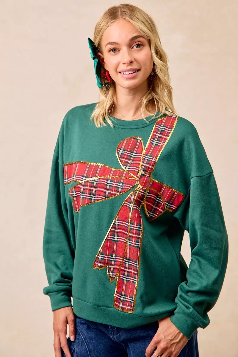 BiBi Plaid Ribbon Bow Detail Christmas Fleece Pullover