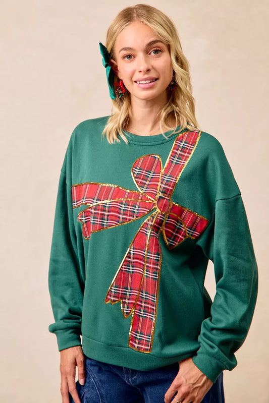 BiBi Plaid Ribbon Bow Detail Christmas Fleece Pullover