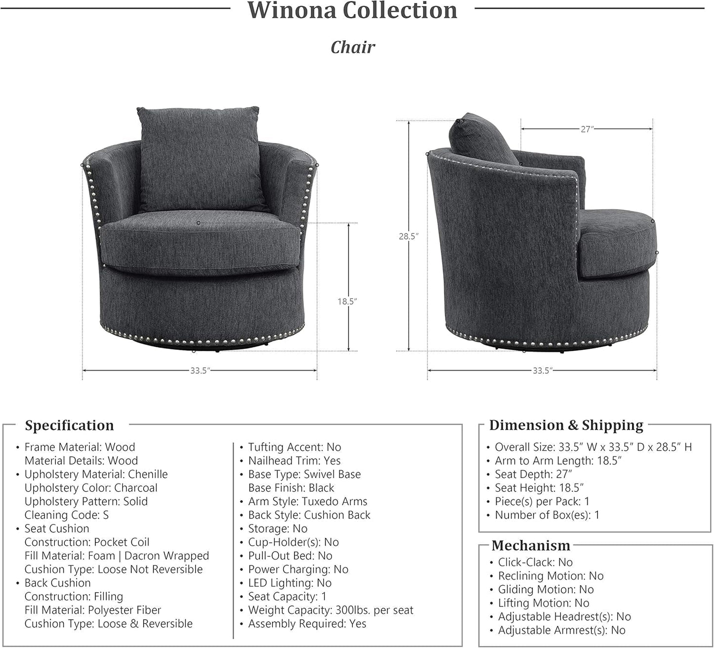 Living Room Furniture Set, Modern Couches for Living Room, Chenille Upholstered Couch Set, Including Sofa, Loveseat and Lounge Chair with Solid Wood Frame, 3-Piece Set, Charcoal-1