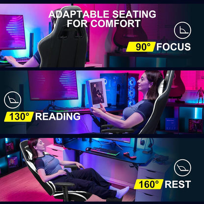 Gaming Chair with Footrest, Ergonomic Computer Game Desk Chair, Reclining Gamer Chair Seat Height Adjustment, Swivel Rocker with Headrest and Lumbar (White)-4