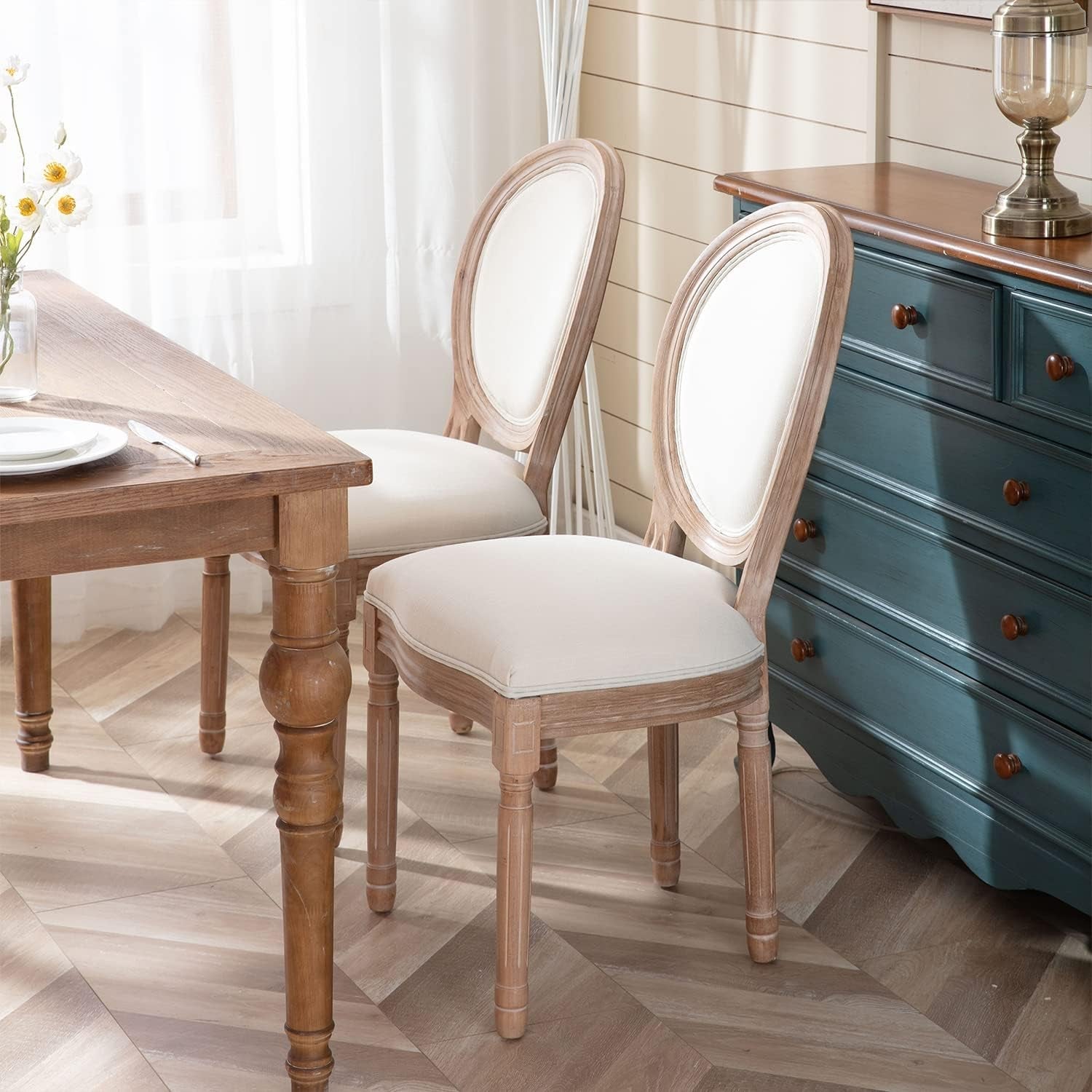 French Country Dining Chairs Set of 6, Farmhouse Dining Chairs with round Backrest, Mid Century Upholstered Dining Chairs with Solid Wood Leg for Dining Room Bedroom Kitchen Restaurant (Beige)-1