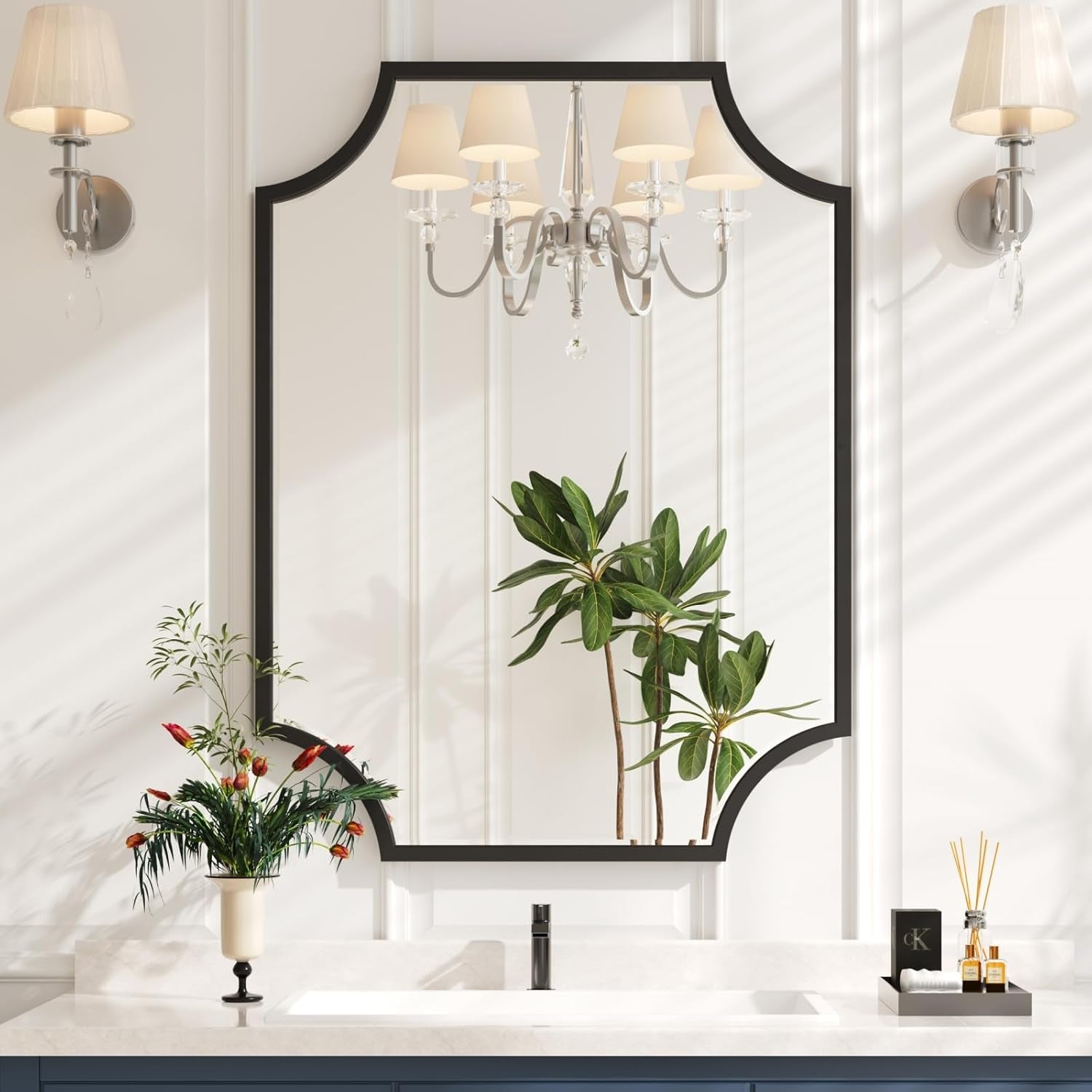30"X40" Large Black Bathroom Mirror for Wall, Gold Scalloped Vanity Mirror Bevelled Framed Decorative Mirror for Master Bath Half Bath Entrance Hallway Fireplace Bedroom Living Room-1