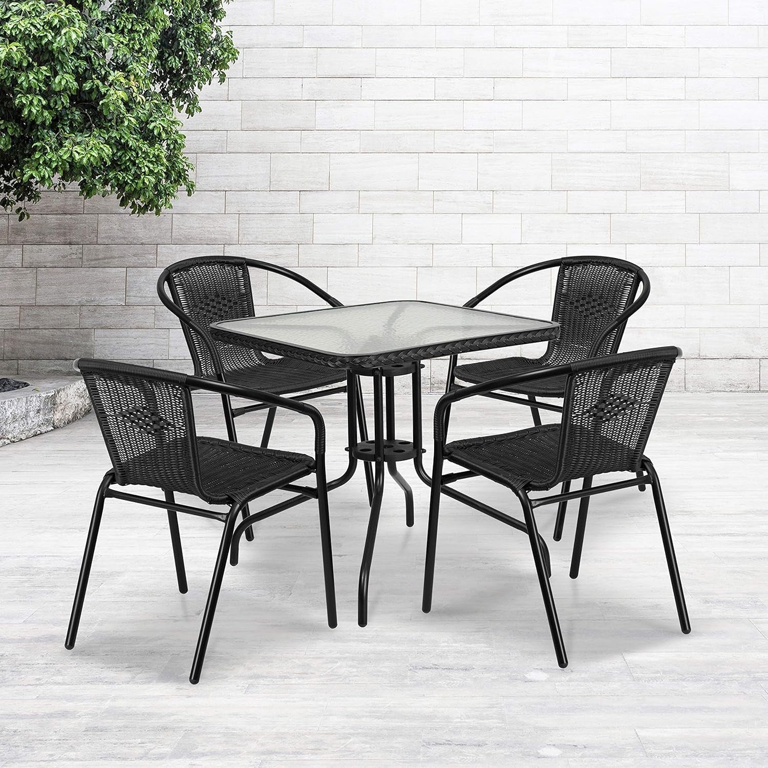 5-Piece 28" Square Indoor/Outdoor Patio Table and Chairs Set, Dining Set with Glass Metal Bistro Table, 4 Stack Rattan Chairs, Black-1