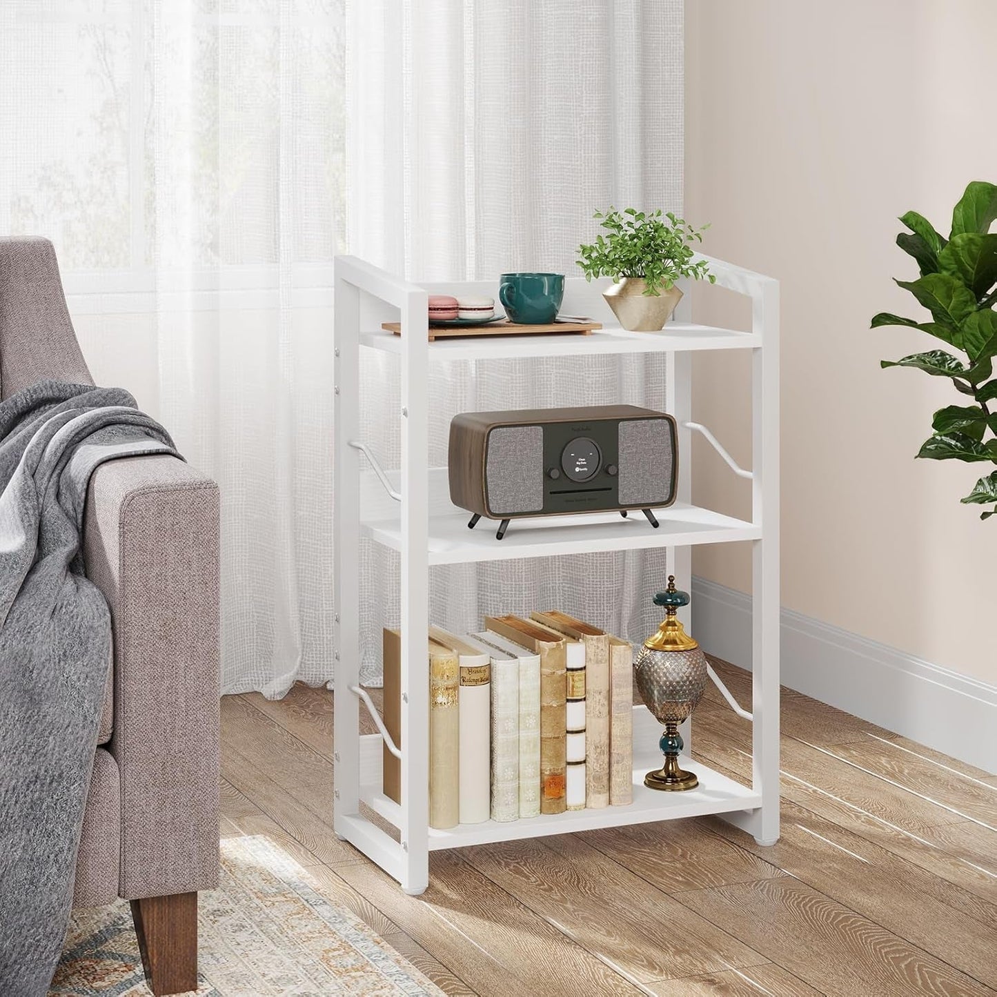 Book Shelf Small Bookshelf - 3-Tier Wood Bookcase Industrial Bookshelf Metal Narrow Bookcase Storage Organizer Display Rack for Bedroom Living Room Home Office (White)-1