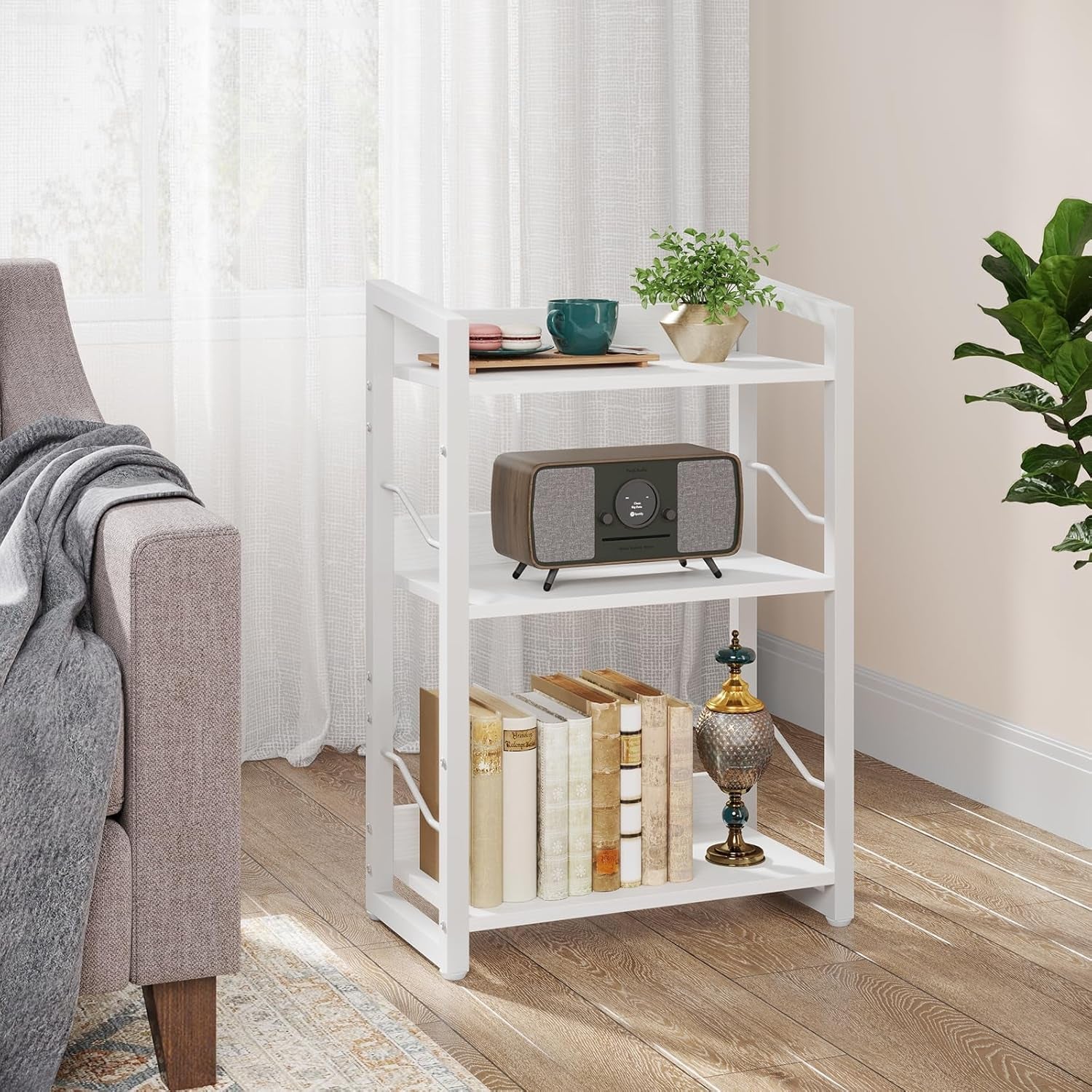 Book Shelf Small Bookshelf - 3-Tier Wood Bookcase Industrial Bookshelf Metal Narrow Bookcase Storage Organizer Display Rack for Bedroom Living Room Home Office (White)-1