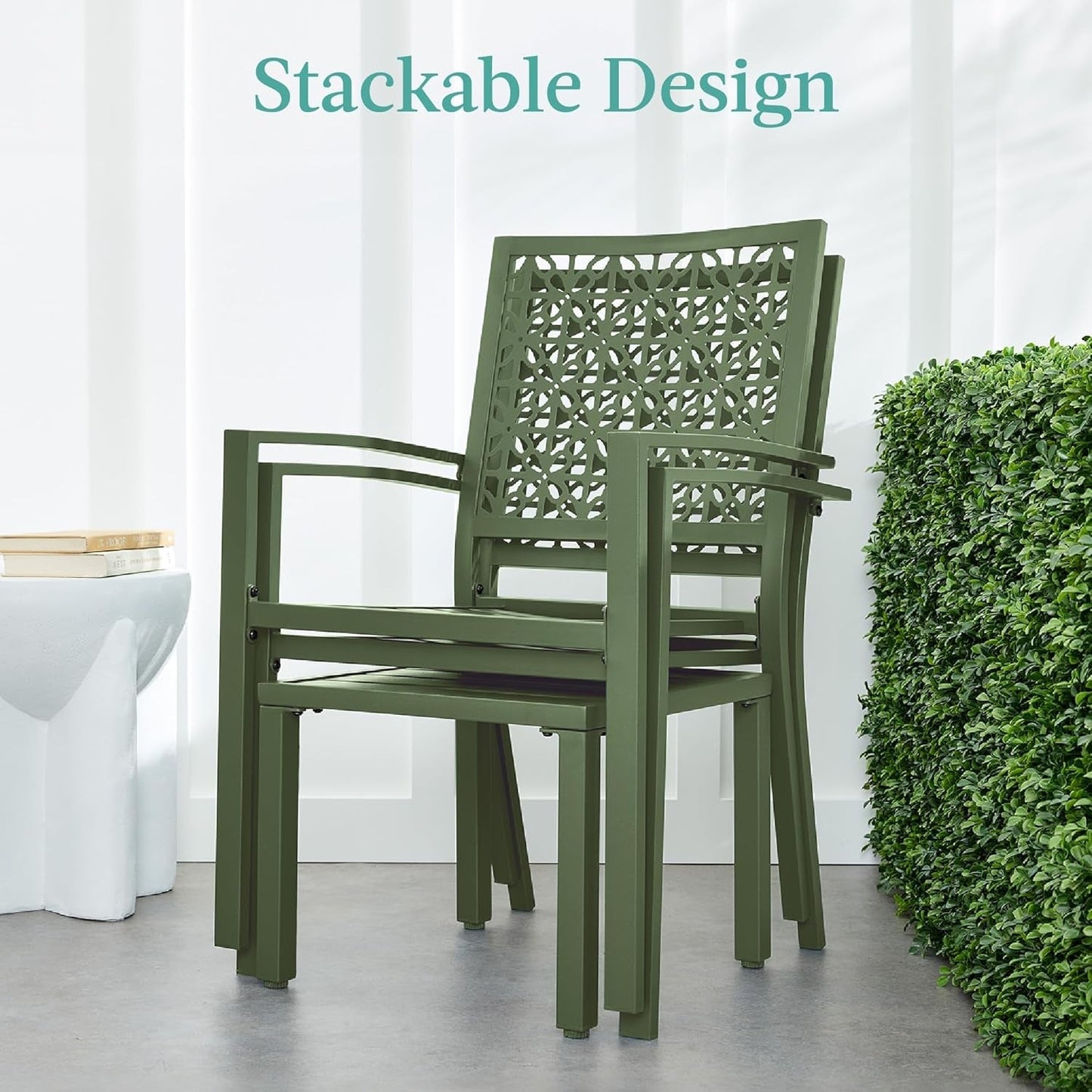 3-Piece Outdoor Bistro Set, Stackable Modern Steel Furniture for Porch, Garden W/ 2 Chairs, Table, Geometric Decor - Sage Green-3