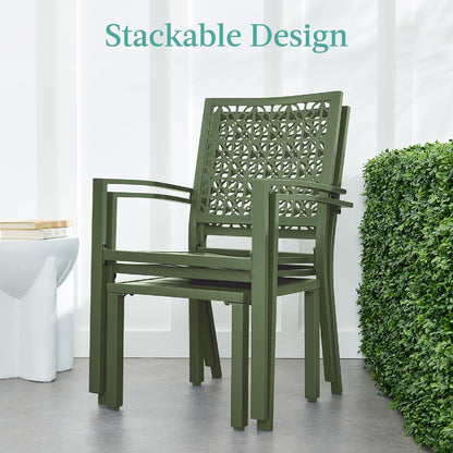 3-Piece Outdoor Bistro Set, Stackable Modern Steel Furniture for Porch, Garden W/ 2 Chairs, Table, Geometric Decor - Sage Green-3