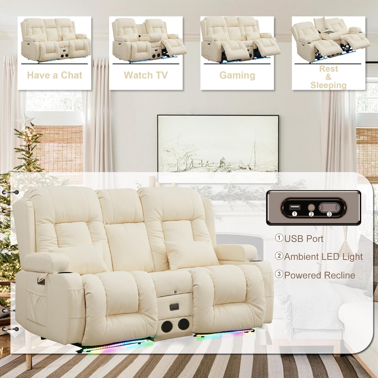 Power Loveseat Recliner Sofa with Massage & Heat Home Theater Seating with Console Electric Recliner RV Sofa with Usb/Outlet/Storage/Side Pocket/Led Light/Speaker (Cream White)-3
