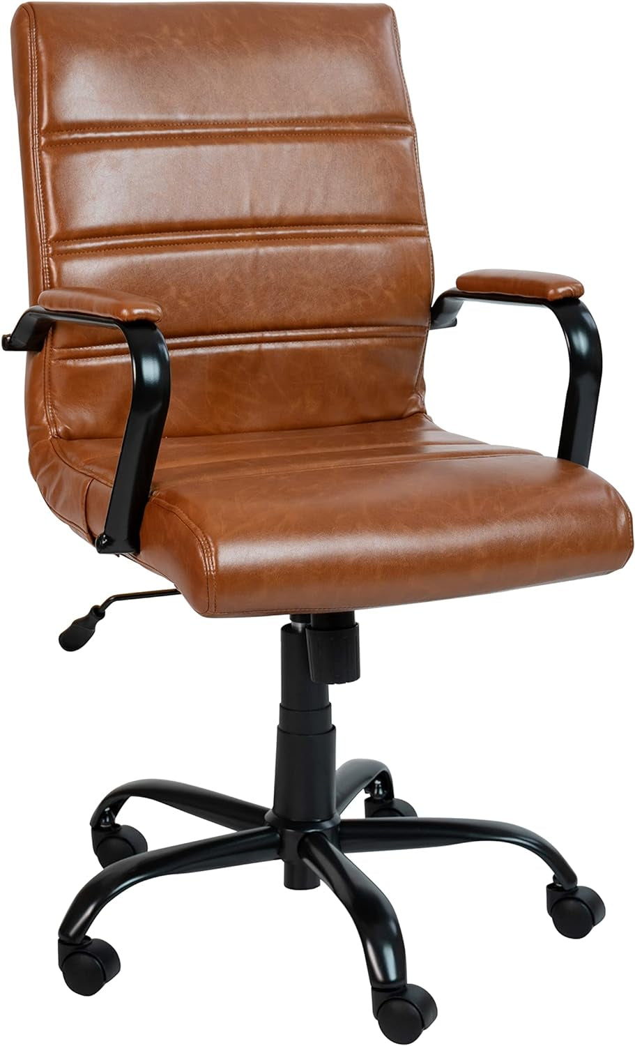 Whitney Mid-Back Swivel Leather Desk Chair with Padded Seat and Armrests, Adjustable Height Padded Leather Office Chair, Brown/Black-0
