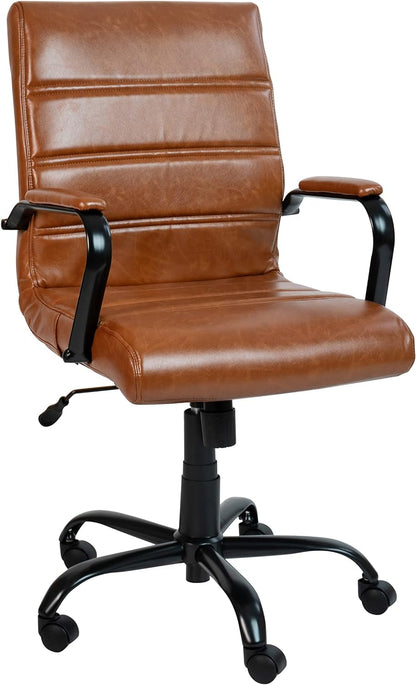 Whitney Mid-Back Swivel Leather Desk Chair with Padded Seat and Armrests, Adjustable Height Padded Leather Office Chair, Brown/Black-0