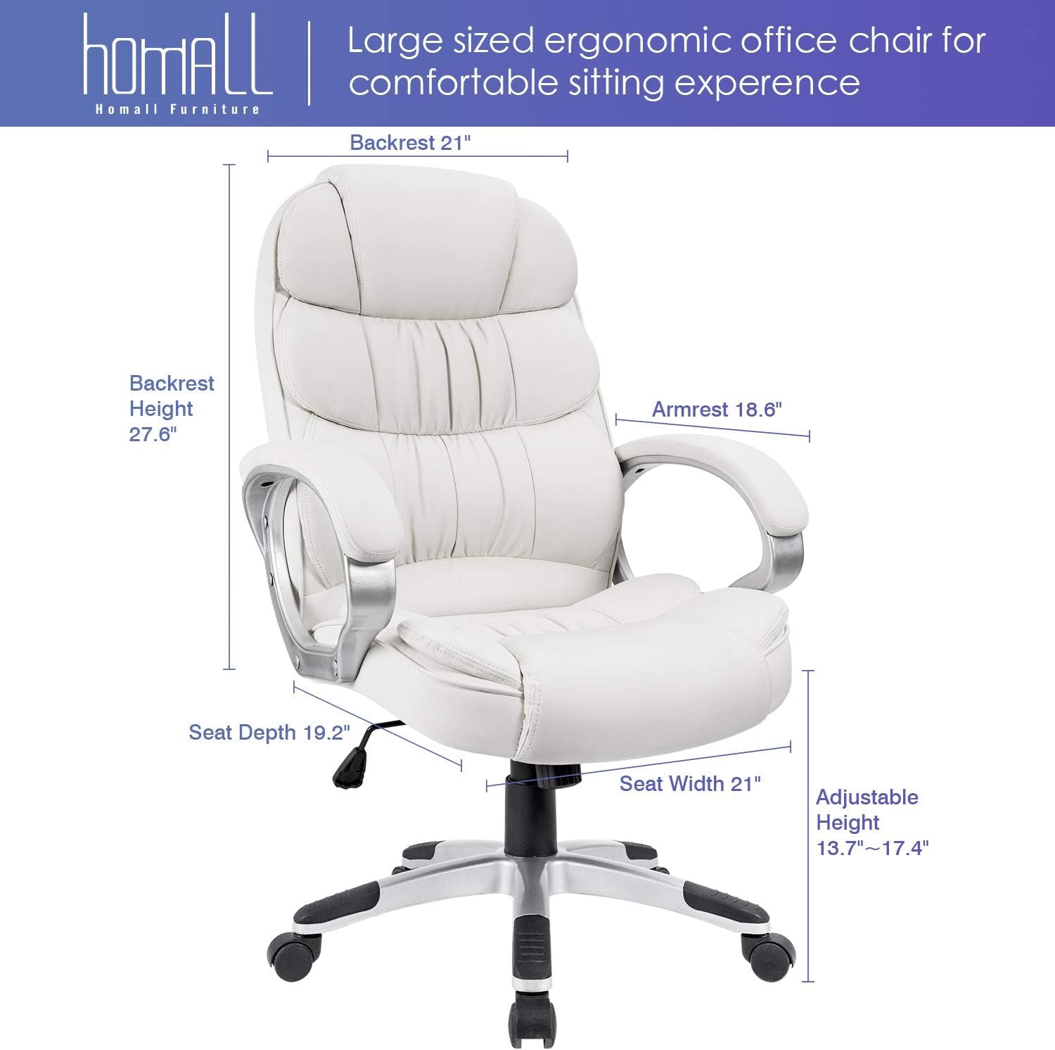 Office Chair High Back Computer Desk Chair, PU Leather Adjustable Height Modern Executive Swivel Task with Padded Armrests and Lumbar Support (White)-2