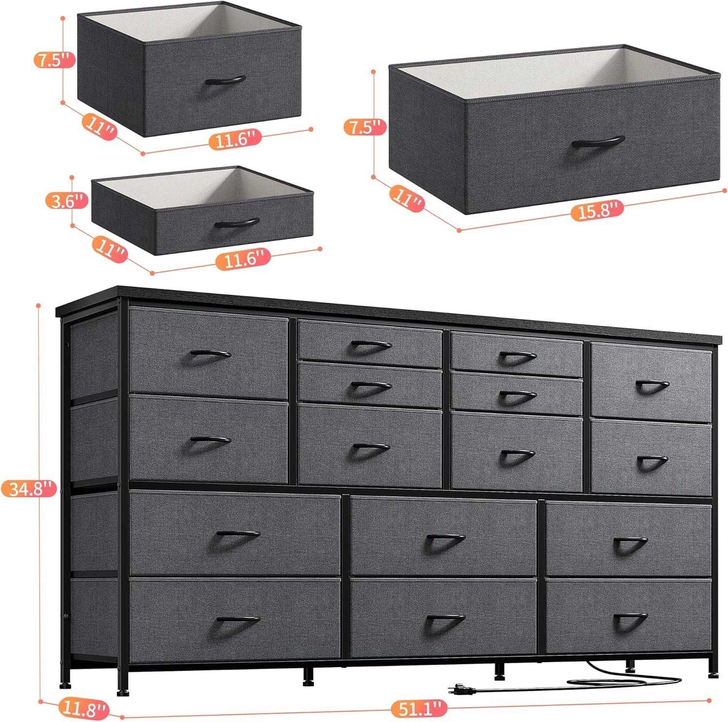TV Stand Dresser 60''TV Stand with Charging Station TV Stands for Living Room Long Dresser for Bedroom TV Stand with 16 Drawers Storage TV Stand for Bedroom Dresser 51.1''W*11.8''D*34.8''H-2