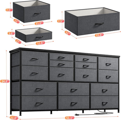 TV Stand Dresser 60''TV Stand with Charging Station TV Stands for Living Room Long Dresser for Bedroom TV Stand with 16 Drawers Storage TV Stand for Bedroom Dresser 51.1''W*11.8''D*34.8''H-2