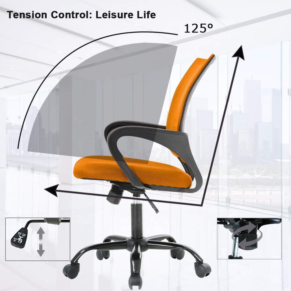 Desk Mesh Computer Lumbar Support Modern Executive Adjustable Comfortable Mid Back Task Rolling Swivel Chair for Home Office, Orange-3