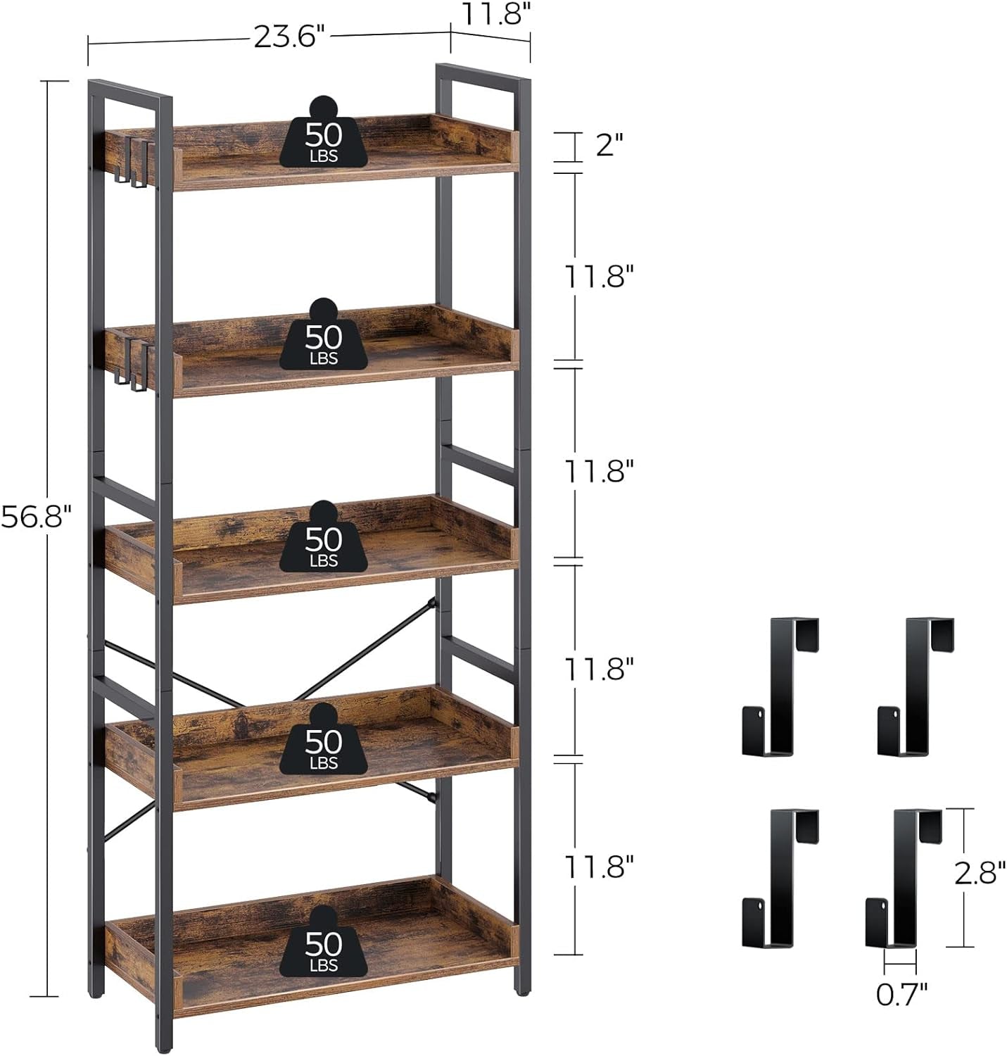 Industrial Rustic Brown Wood Quintuple Tier Bookcase-2