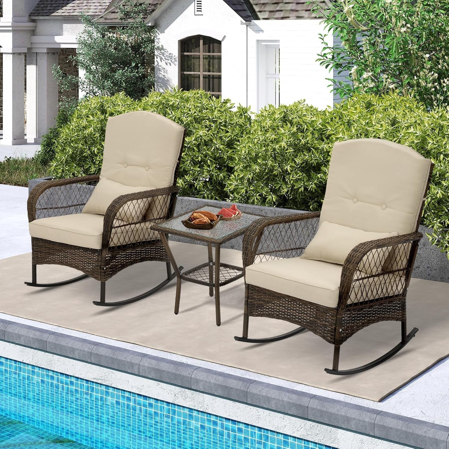 3 Piece Rocking Bistro Set Wicker Outdoor Patio Chairs Rattan Conversation Sets with Coffee Table for Patio, Porch, Backyard, Balcony, Poolside and Garden (Beige)-1