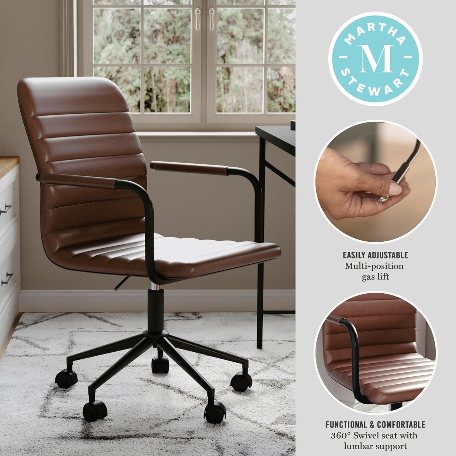 Taytum Swivel Task Chair with Armrests for Home Office in Saddle Brown Faux Leather with Oil Rubbed Bronze Frame-3