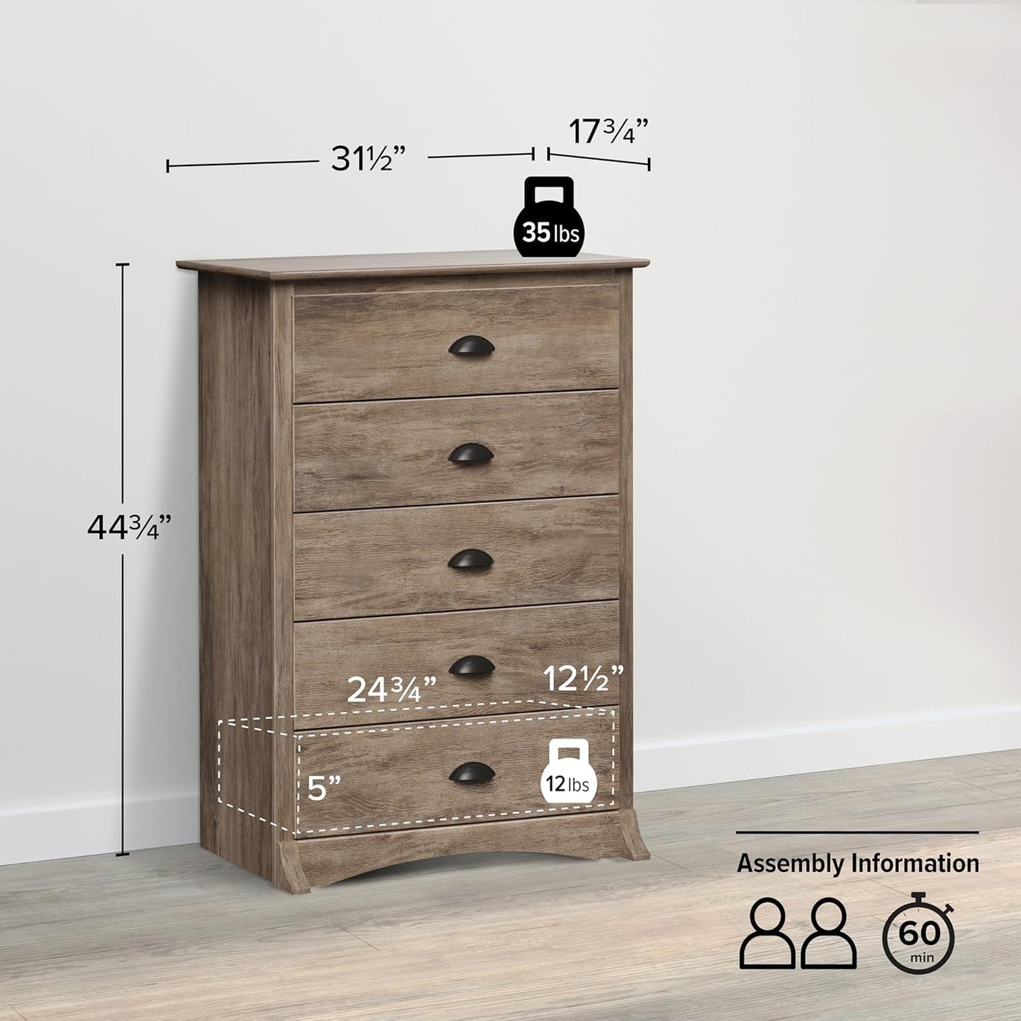 Salt Spring Rustic 5-Drawer Tall Dresser for Bedroom, Farmhouse Dresser Chest of Drawers 17.75" D X 31.5" W X 44.75" H, Drifted Gray-2