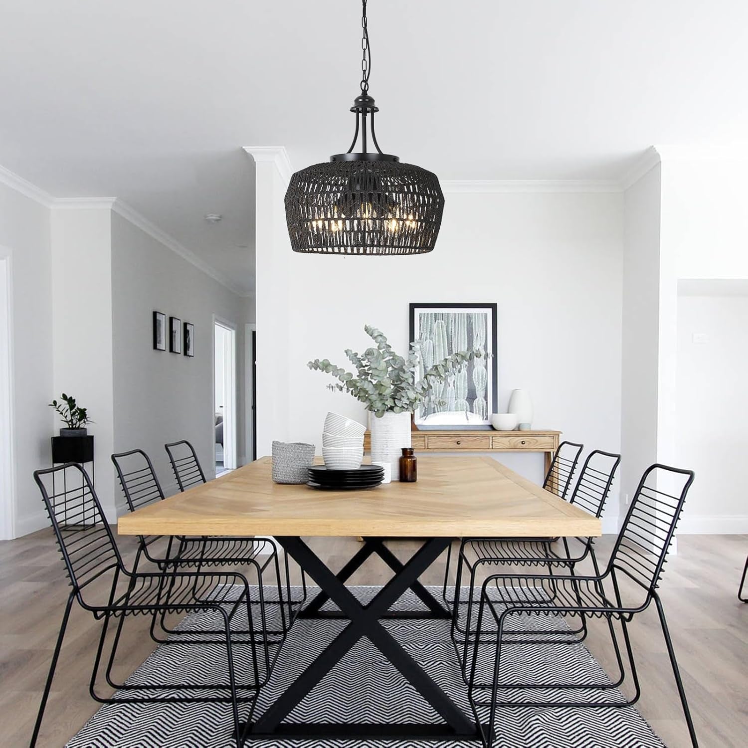 5-Light Black Rattan Chandelier Farmhouse Dining Room-1