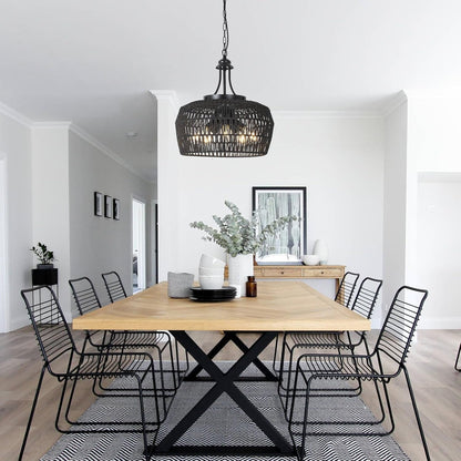 5-Light Black Rattan Chandelier Farmhouse Dining Room-1