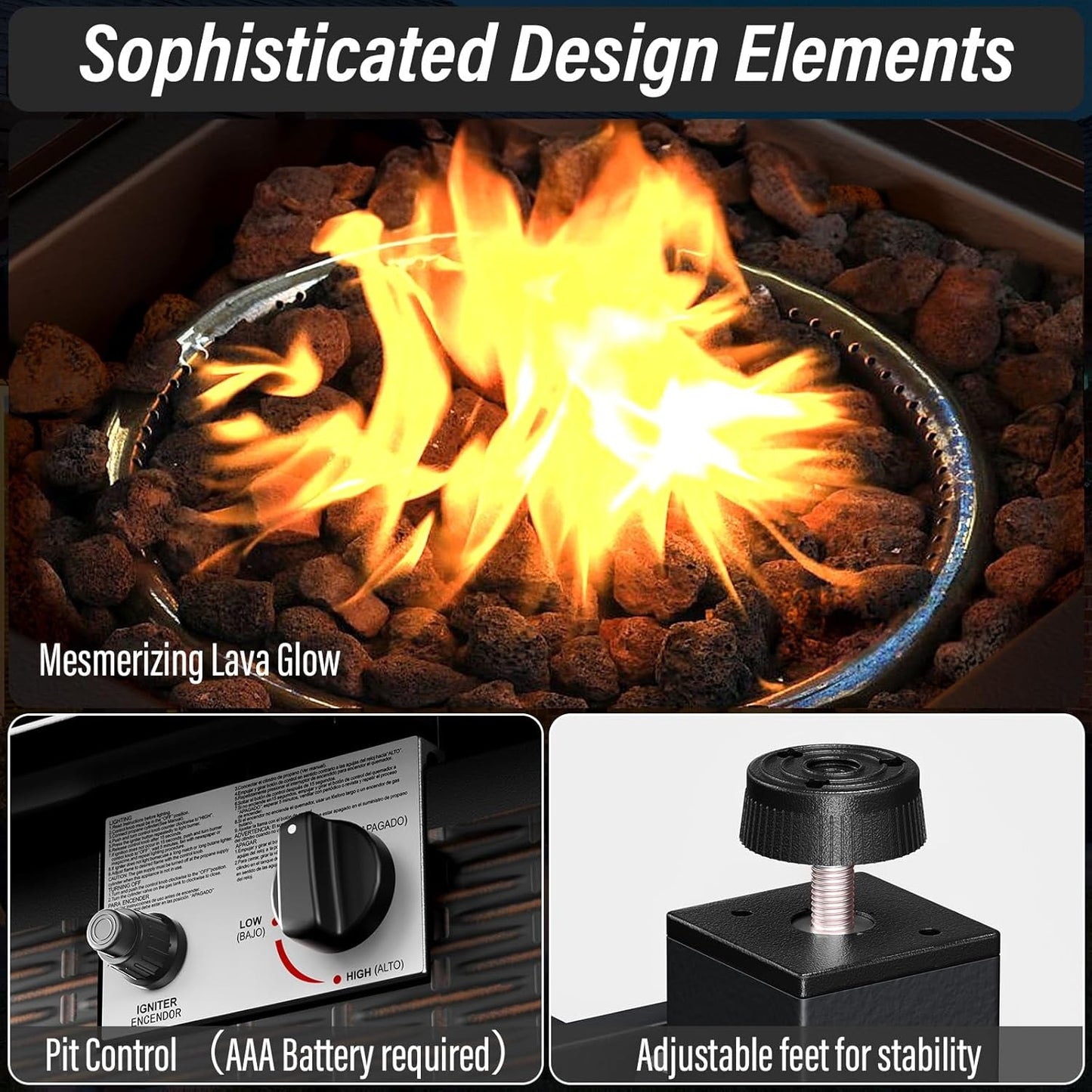 5 Piece Outdoor Patio Furniture Set with 50000 BTU Propane Fire Pit Table, Deep Seating Wicker Swivel Rocker Chairs and Loveseat Glider Patio Conversation Set for Deck Poolside Backyard Blue-4