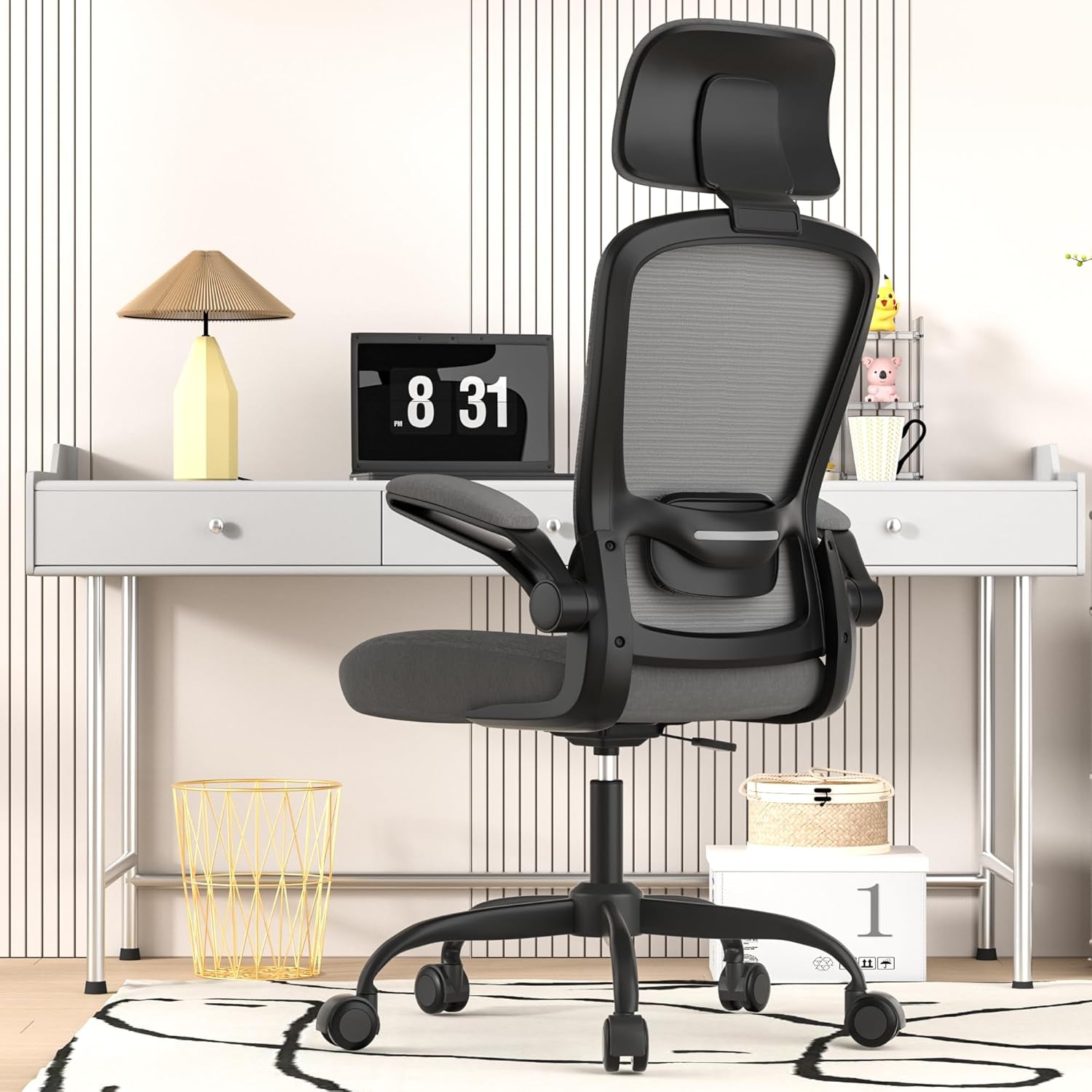 Ergonomic Mesh Office Chair, High Back Computer Desk Chair with Adjustable Lumbar Support & Headrest, Swivel Task Chair with Flip-Up Armrests for Home & Office (English, Dark Grey)-0