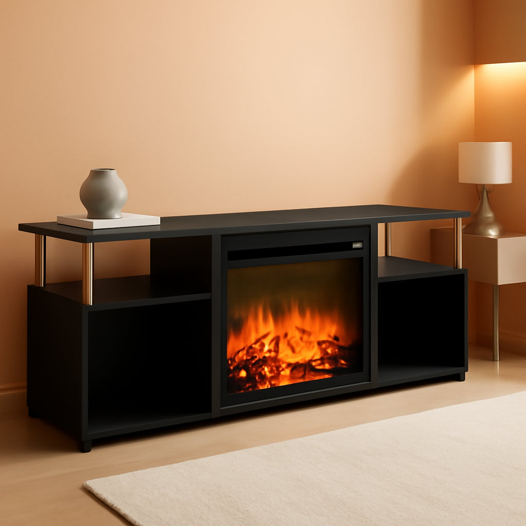 Jensen Open Storage Fireplace Entertainment Center for TV up to 70 Inch with Stainless Steel Tubes, Americano/Chrome-0