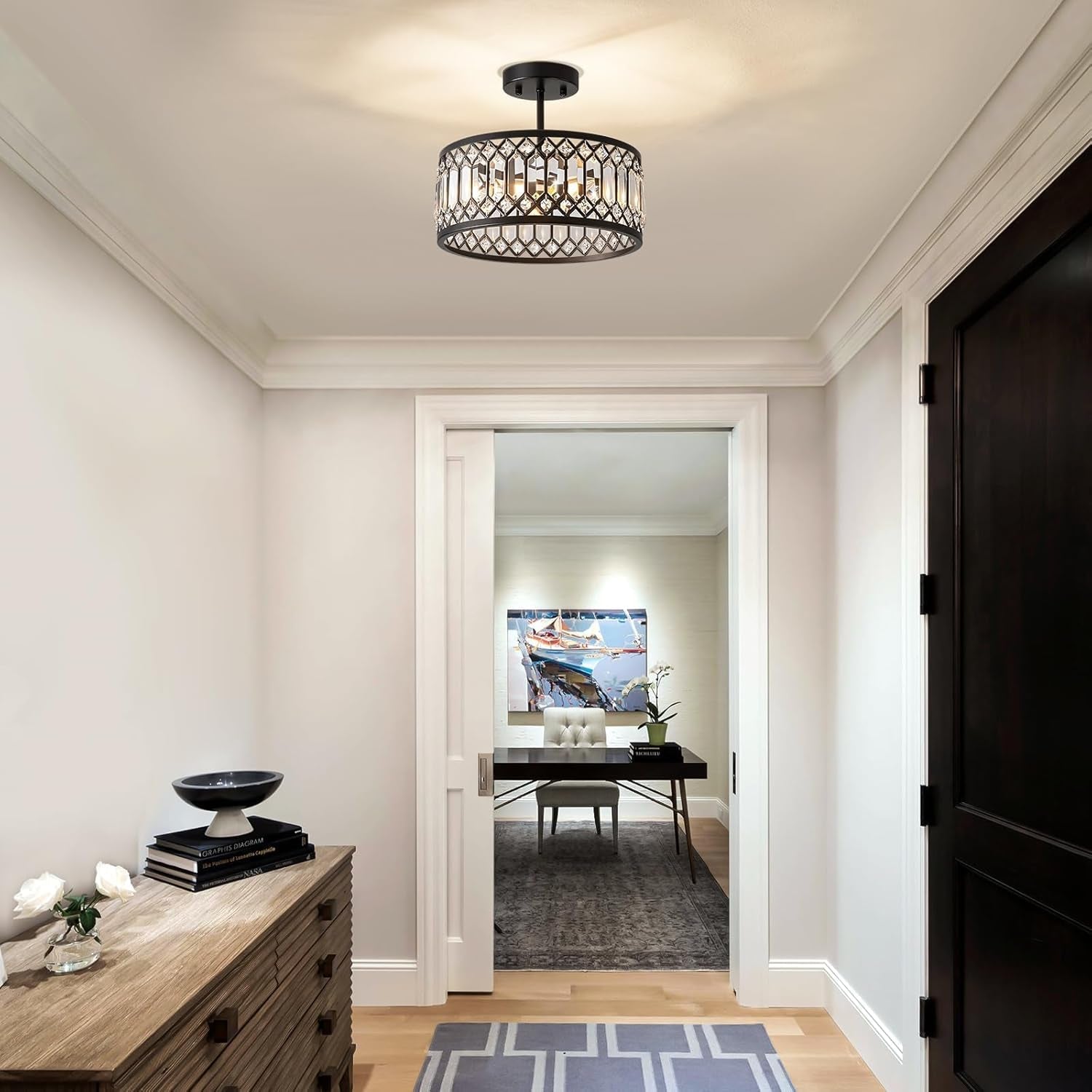 Crystal Black Three Light Semi Flush Mount Ceiling Light-2