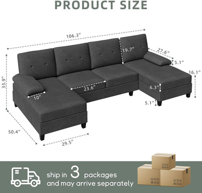 U-Shaped Sectional Sofa with Double Chaise, 4-Seat Linen Fabric Living Room Furniture Set, High-Density Cushions for Ultimate Comfort & Modern Style, Black-1