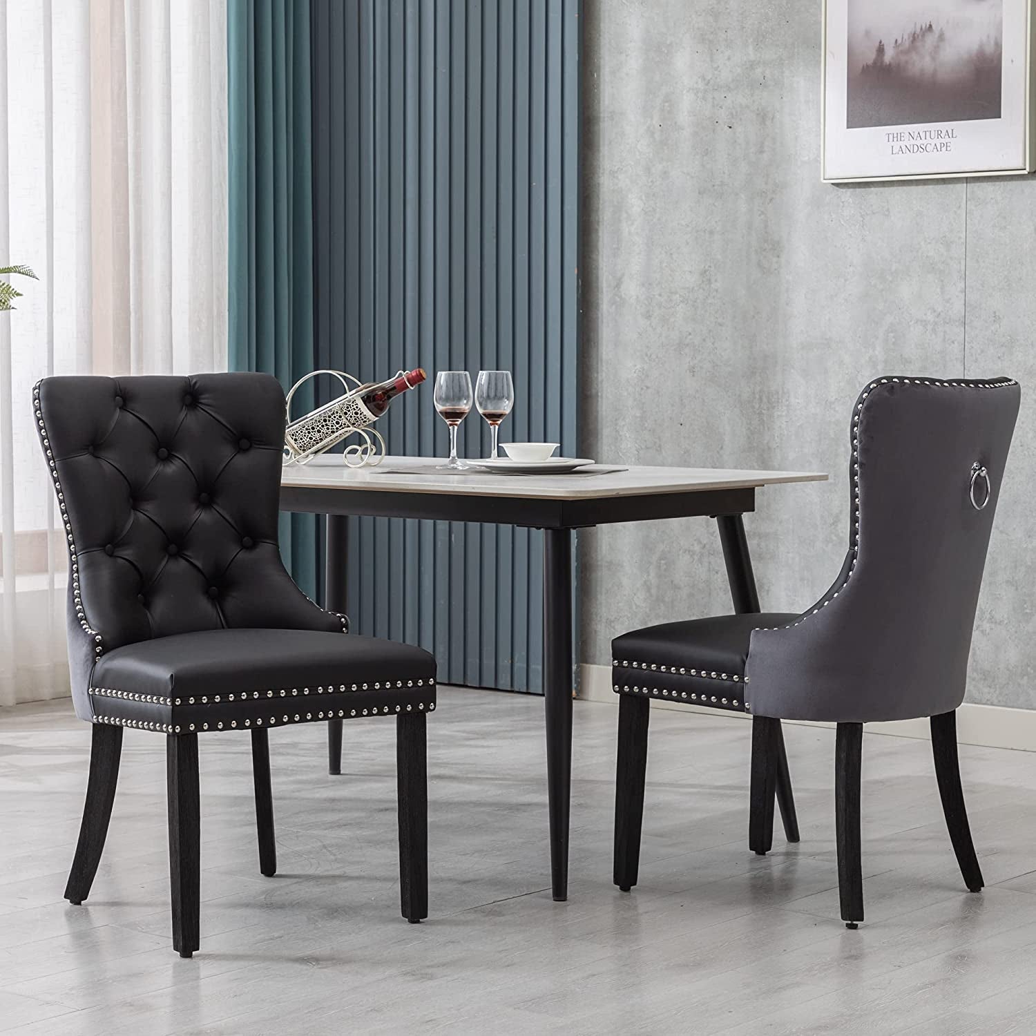 Black and Dark Grey Velvet Dining Chairs Set of 6 with Nailhead Trim and Pull Ring-0