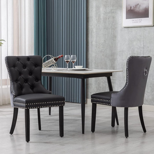 Black and Dark Grey Velvet Dining Chairs Set of 6 with Nailhead Trim and Pull Ring-0