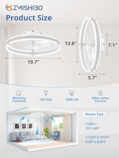 Ceiling Fans with Lights and Remote, 19.7'' Low Profile Ceiling Fans, 3000-6000K Dimmable Modern Flush Mount LED Fan Light, 6 Wind Speeds, White Fandelier Ceiling Fans with Lights for Bedroom-1