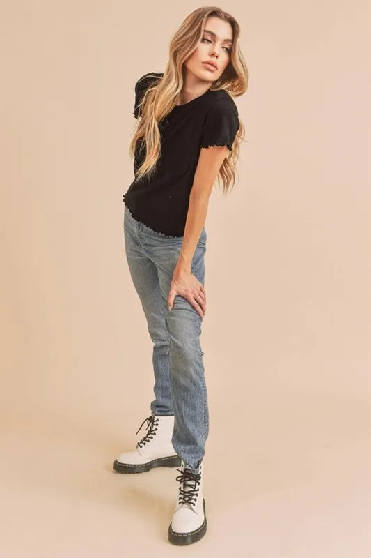 Aemi+Co Round Neck Lettuce Hem Short Sleeve T-Shirt