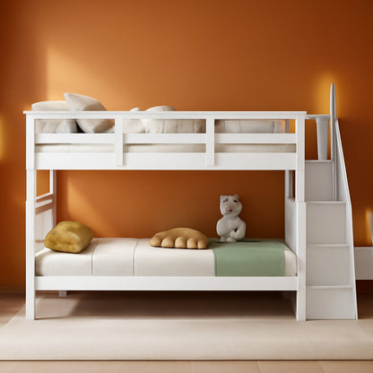 Twin over Twin Bunk Bed with Stairs, Solid Wood Bunk Bed Frame with Storage for Kids Teens Adults Bedroom Dorm - White-0